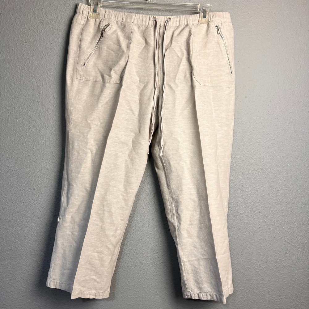 New York & Company Linen Cotton Blend Crop Pants Beige Drawstring Womens Large